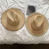 拉菲草手工彩色缝线草帽女夏天海边出游百搭防晒遮阳帽沙滩帽礼帽