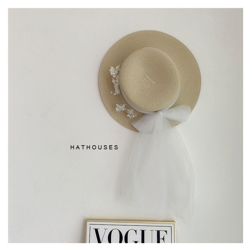 搭配长裙炒鸡好看~法式白色长网纱珠花草编帽子女拍照写真小礼帽