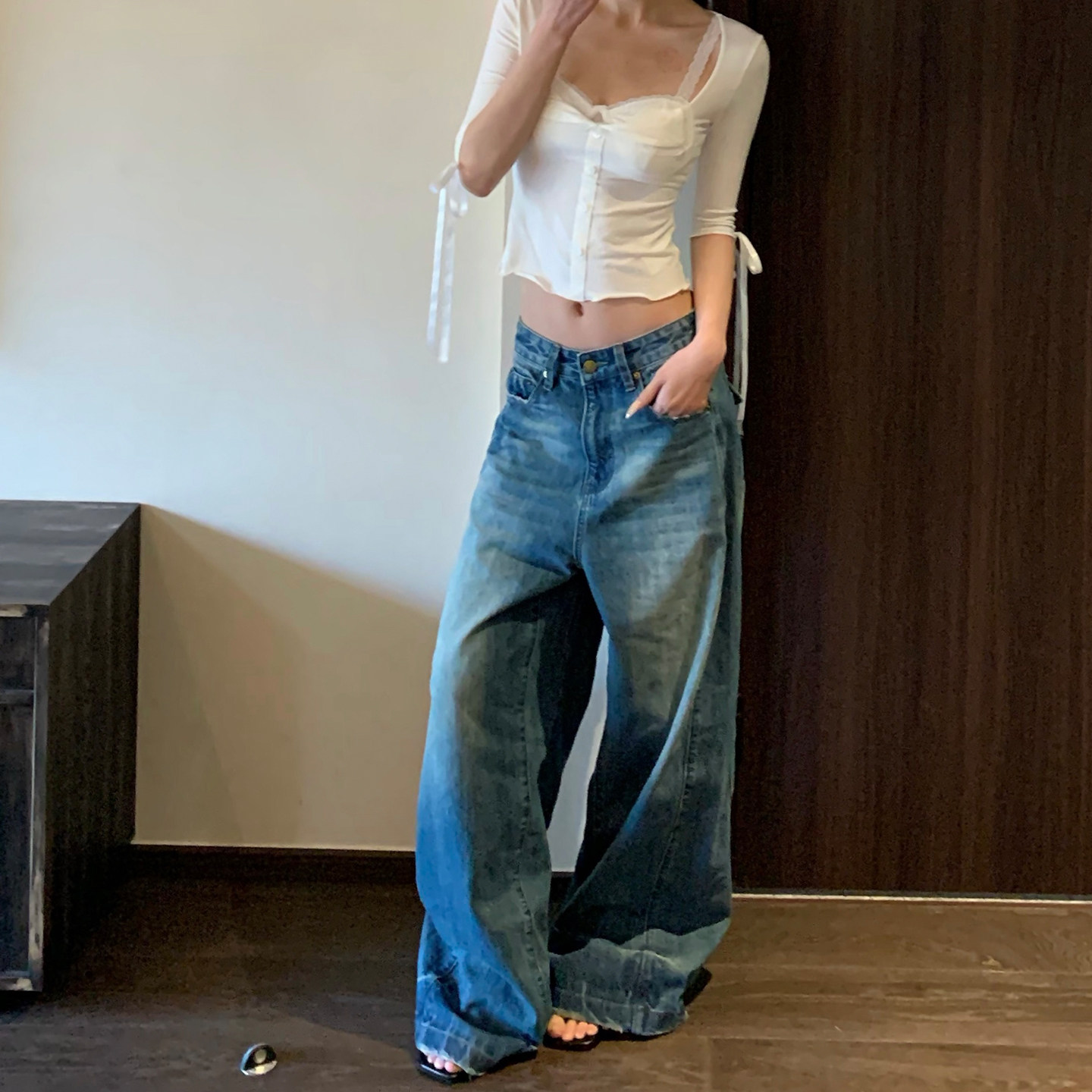 E7Q8 春夏新款阔腿洗水慵懒感高腰牛仔裤女复古休闲垂感百搭长裤图片