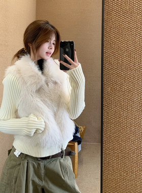 E7Q8 韩系毛毛拼接翻领针织开衫女休闲百搭宽松慵懒长袖毛衣外套