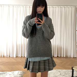 E7Q8 复古学院风纯色叠穿慵懒百搭衬衫针织毛衣韩系秋季甜美套装