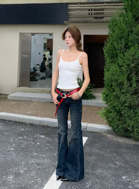 E7Q8 美式低腰美少女经典辣妹修身显瘦微喇阔腿牛仔裤拖地休闲裤