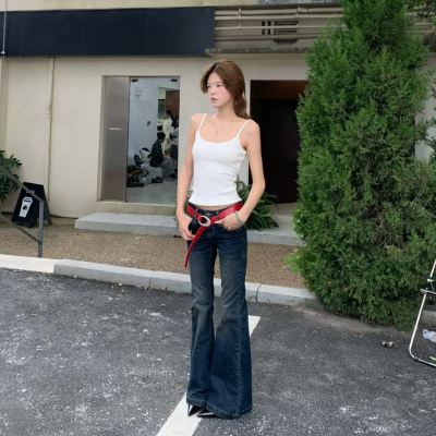 E7Q8 美式低腰美少女经典辣妹修身显瘦微喇阔腿牛仔裤拖地休闲裤