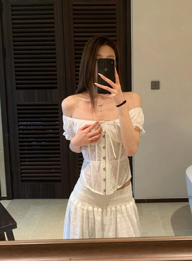 E7Q8 春夏韩系蕾丝吊带抹胸女修身收腰显瘦性感度假风白色小上衣