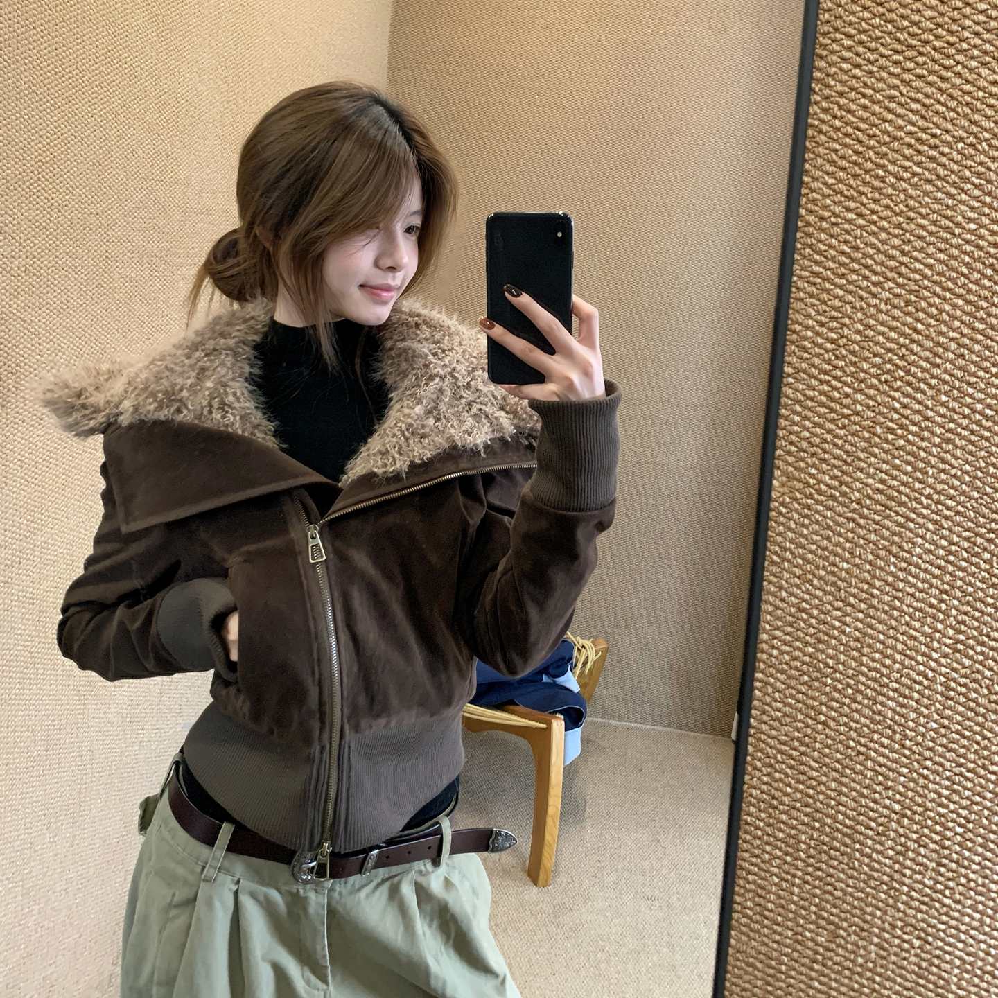 E7Q8 秋冬毛领加厚保暖夹克外套女辣妹美式复古连帽百搭短款上衣