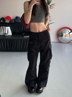 E7Q8 春秋美式复古辣妹宽松多口袋工装裤子2024新款高腰显瘦裤女