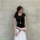 女新款 E7Q8 韩系高级感基础圆领显瘦短袖 设计感纯色百搭打底上衣