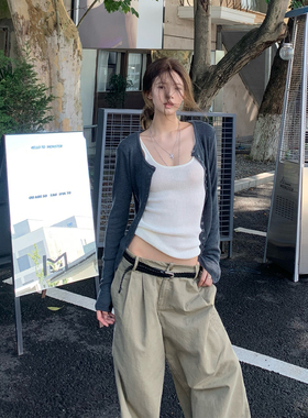 E7Q8 韩系辣妹慵懒百搭针织外套+吊带两件套女修身显瘦休闲打底衫