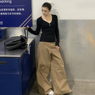 女高腰显瘦直筒阔腿拖地百搭长裤 E7Q8 休闲裤 咖色西装 子 海德公园