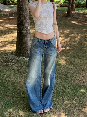 E7Q8 美式复古水洗做旧牛仔裤女中腰直筒显瘦长裤子