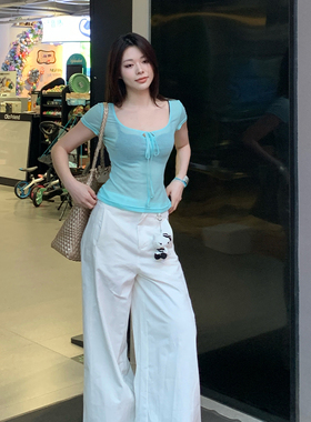 E7Q8 夏季新款多色绑绳微透短袖t恤女收腰显瘦心机辣妹纯欲风上衣