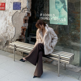 E7Q8 韩系仿貂毛宽松显瘦皮草女秋冬翻领环保皮毛一体气质大外套