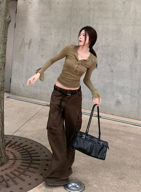 E7Q8 秋款中低腰多口袋咖色直筒休闲长裤美式复古百搭工装宽松裤
