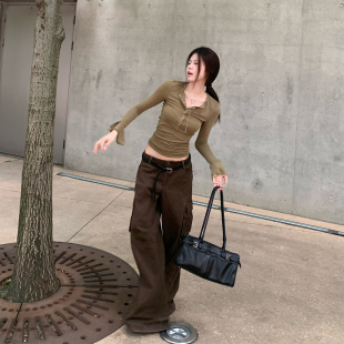 秋款 宽松裤 中低腰多口袋咖色直筒休闲长裤 复古百搭工装 美式 E7Q8