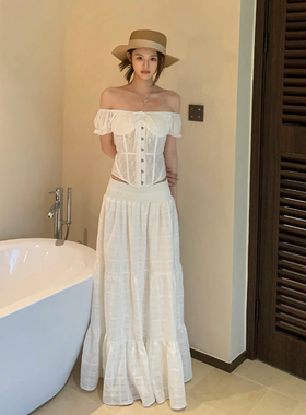 E7Q8 法式气质百搭纯色半身白裙女自然腰显瘦休闲褶皱A字裙子半裙