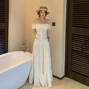 E7Q8 法式气质百搭纯色半身白裙女自然腰显瘦休闲褶皱A字裙子半裙