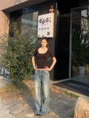 美式 辣妹气质黑色u领微透半袖 T恤女夏季 E7Q8 性感紧身收腰显瘦款