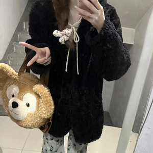 E7Q8 2023冬季V领高级复古毛毛外套女慵懒纯色加厚简约风皮草上衣