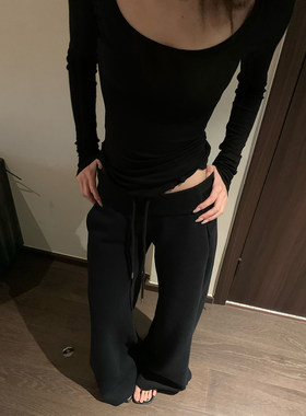 E7Q8 超牛版型 宽松黑色阔腿弹力低腰时尚休闲卫裤女显瘦显高长裤