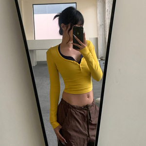 E7Q8 美式复古V领套头修身显瘦短上衣女2023秋季新款露脐长袖打底
