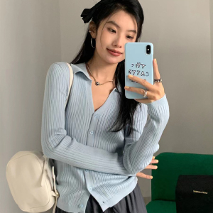 E7Q8 坑条V领修身长袖女针织开衫秋冬冰丝内搭上衣百搭打底衫外套