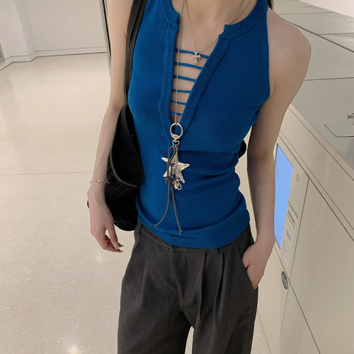 E7Q8 夏季新款镂空针织短袖女收腰显瘦辣妹高级无袖性感百搭上衣