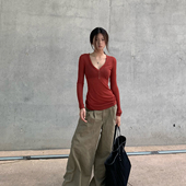 E7Q8 t恤女简约纯色慵懒随性百搭小上衣 显瘦长袖 美式 三色V领修身