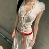 E7Q8 韩系甜辣木耳边显瘦短袖 t恤女收腰绑带纯欲气质百搭休闲上衣