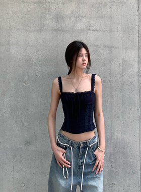 E7Q8 韩系新款显瘦抹胸吊带性感纯欲绑带上衣女修身百搭时尚背心