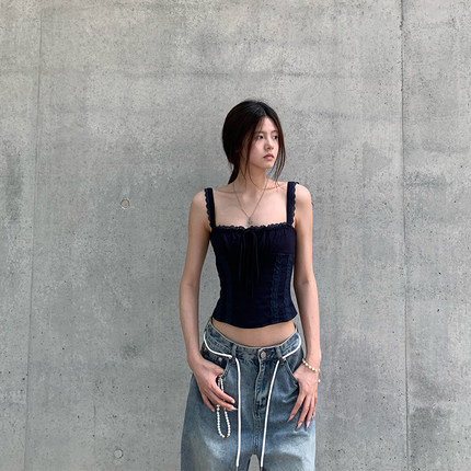 E7Q8 韩系新款显瘦抹胸吊带性感纯欲绑带上衣女修身百搭时尚背心
