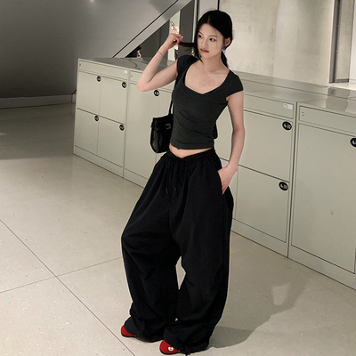 E7Q8 夏季轻薄透气抽绳百搭工装裤女宽松显瘦百搭休闲自然腰伞裤