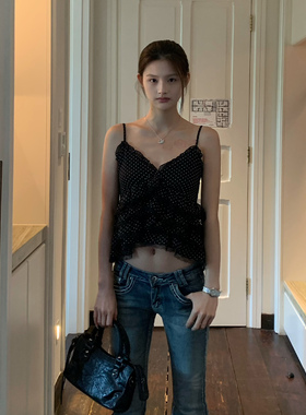 E7Q8 韩系V领波点背心吊带女宽松显瘦时尚百搭短款休闲简约小上衣