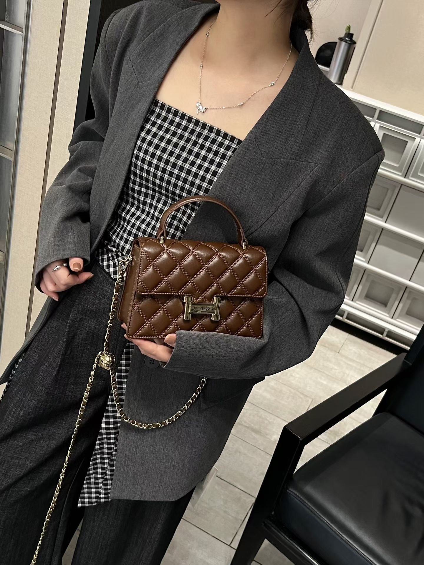 2025新款时尚菱格链条包女高级感小众设计单肩斜挎包真皮手提女包