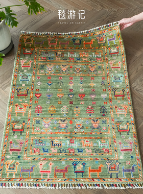 毯游记 阿富汗进口羊毛地毯复古客厅蓝色手工gabbeh 147x103CM