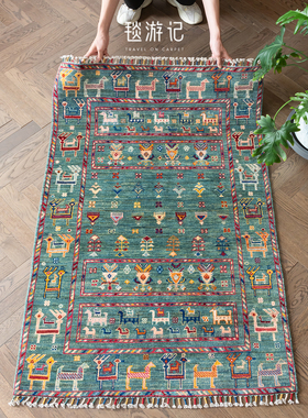 毯游记 阿富汗进口羊毛地毯复古客厅蓝色手工gabbeh 150x101CM