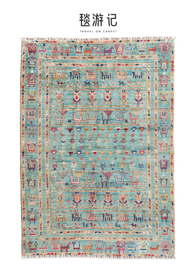 毯游记 进口羊毛复古客厅地毯 阿富汗手工编织无胶绿色237x169CM