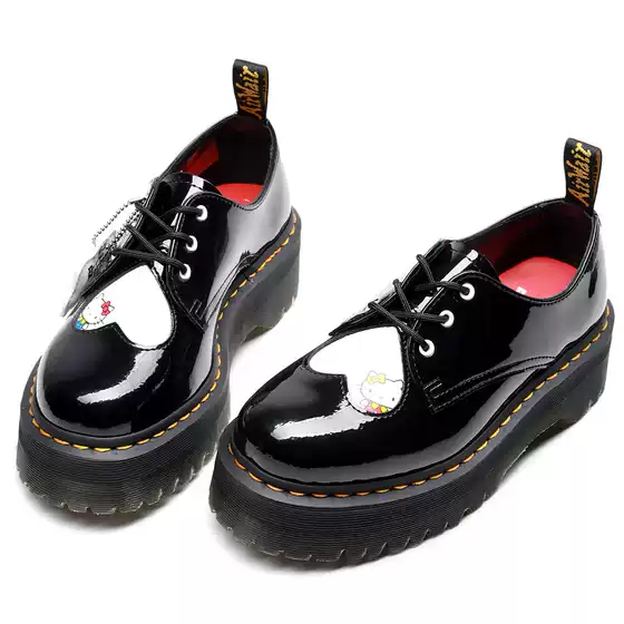 Dr. Martens Thick-Soled 3-Hole Colorful Women's Shoes, Hello Kitty Collaboration, Heart-Shaped Patchwork Platform Leather Shoes