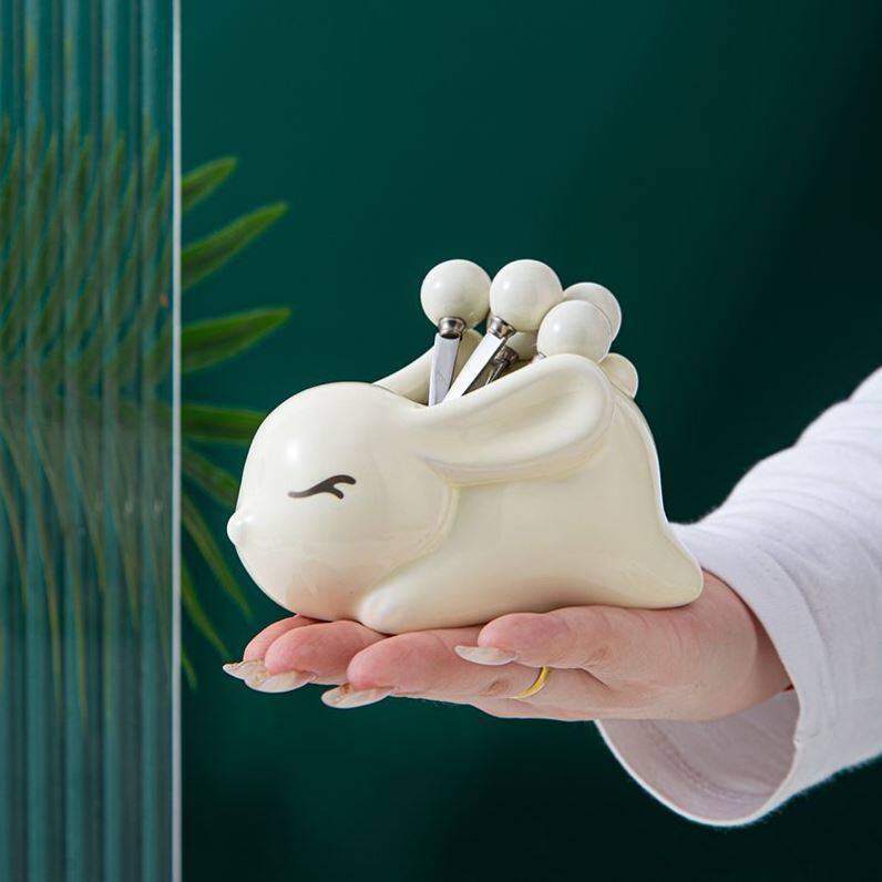 304不锈钢水果叉套装家用水果签陶瓷收纳罐ins可爱甜品蛋糕水果插