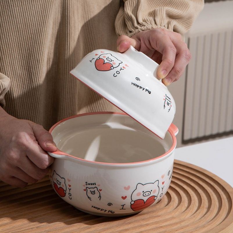 泡面碗带盖陶瓷碗釉下彩食品级微波炉碗盘套装碗耐高温学生宿舍碗