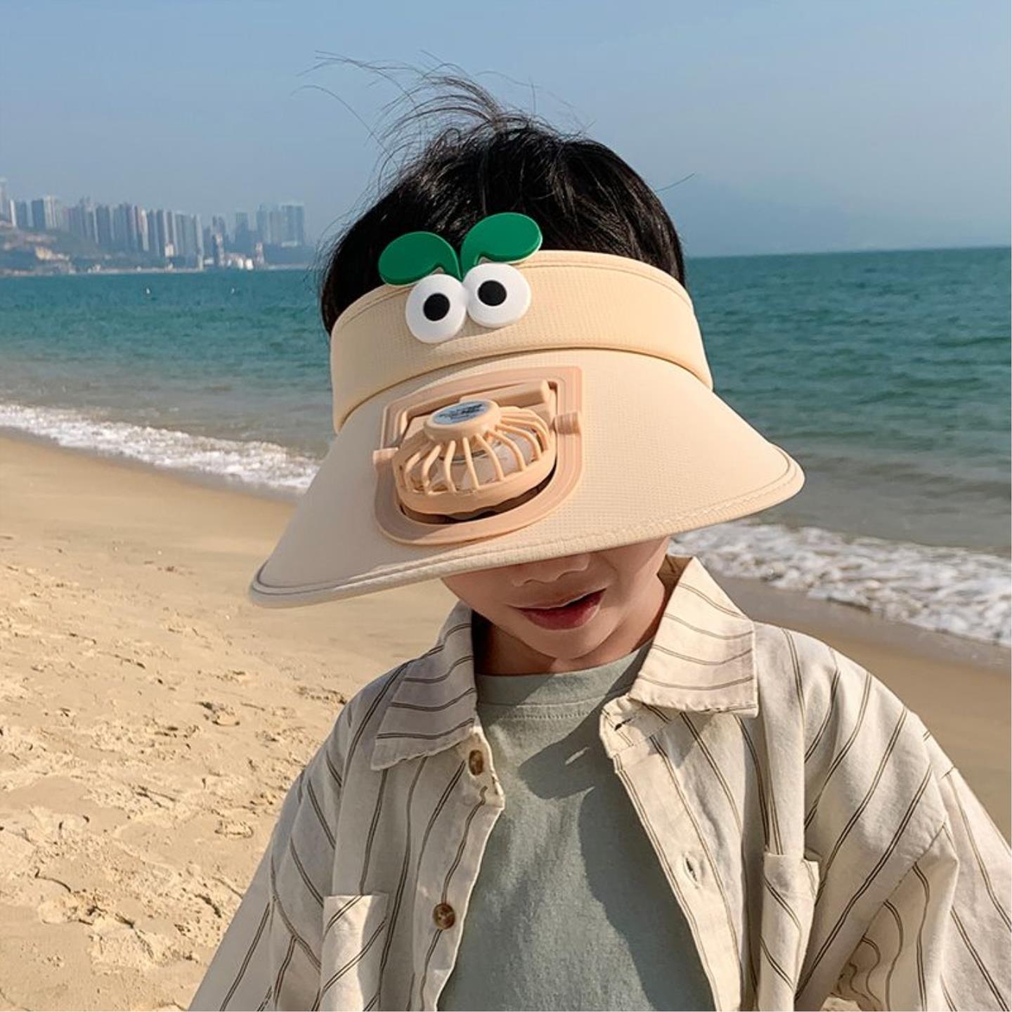 带风扇可充电儿童帽子夏季男女童户外出游大檐防晒空顶帽卡通可爱