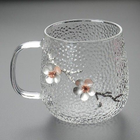 锤纹玻璃杯茶水分离泡茶杯带把杯子办公室女水杯家用耐热带盖梅花