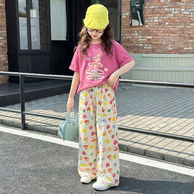 女童2026年夏日韩版多巴胺套装休闲短袖T恤彩色爱心休闲裤两件套