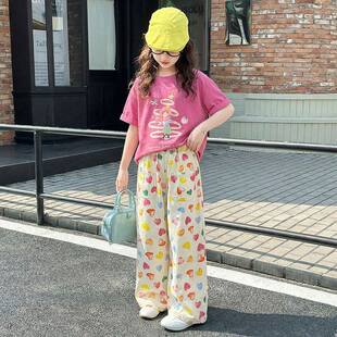 女童2026年夏日韩版多巴胺套装休闲短袖T恤彩色爱心休闲裤两件套