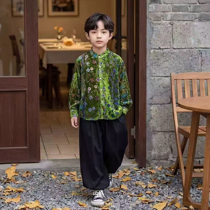 男童春装2026新中式衬衫套装休闲儿童花衬衫灯笼裤中国风两件套潮