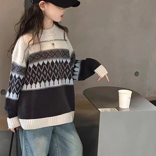 女童毛衣秋冬2025新款韩版儿童套头菱形针织衫女孩大童秋冬打底衫
