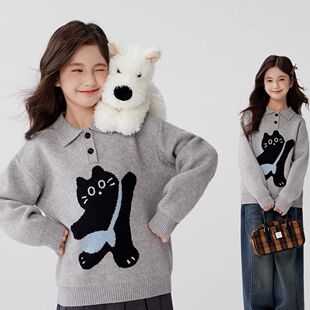 女童红色POLO翻领猫咪套头毛衣中大秋冬加厚宽松慵懒可爱风针织衫