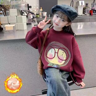 女童加绒卡通卫衣中大童2025秋冬新款洋气一体绒加厚女孩加绒上衣