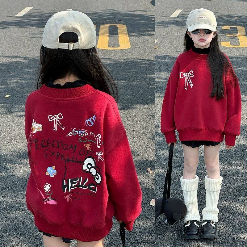 女童加绒卫衣2025秋冬新款儿童上衣女大童春秋洋气红色kt猫衣服潮