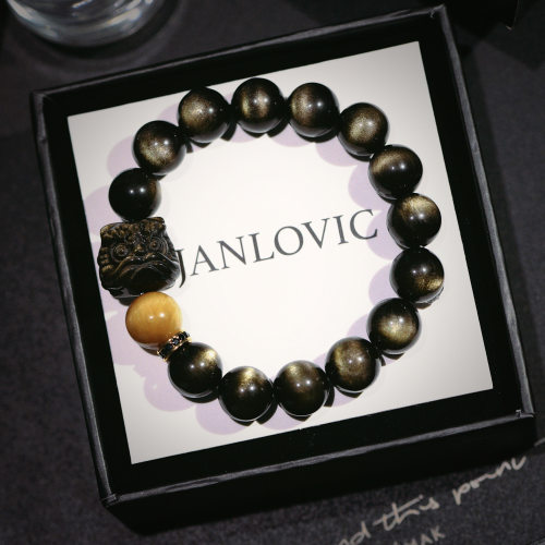 JANLOVIC金银双色黑曜石醒狮手链轻奢手串本命年马年礼物生日礼品