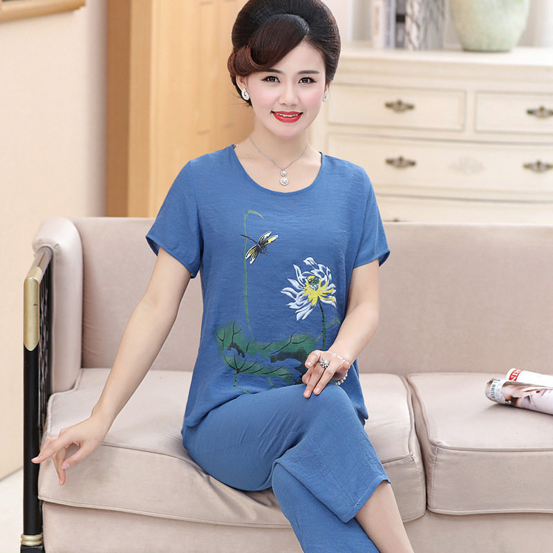 summer Middle-aged and elderly people Women's wear Cotton and hemp Short sleeved Two suits Easy Large Mom outfit printing Summer coatin the Women's clothing/Boutique , Middle-aged women  category - from Buy2taobao.com to provide professional Taobao agent buy service